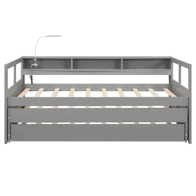 Lit de repos double XL en bois avec 2 lits gigognes et port USB
