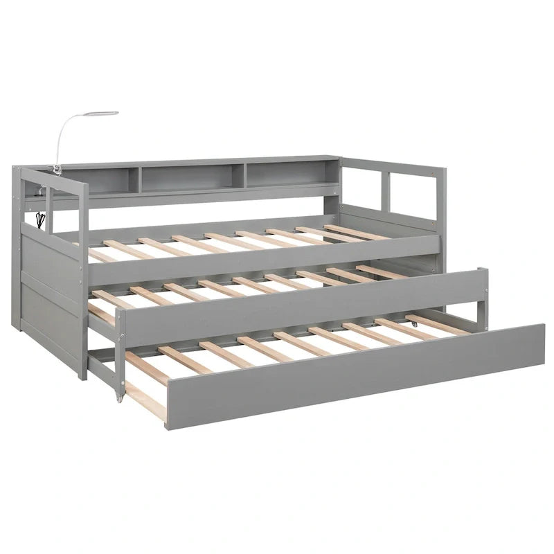 Lit de repos double XL en bois avec 2 lits gigognes et port USB