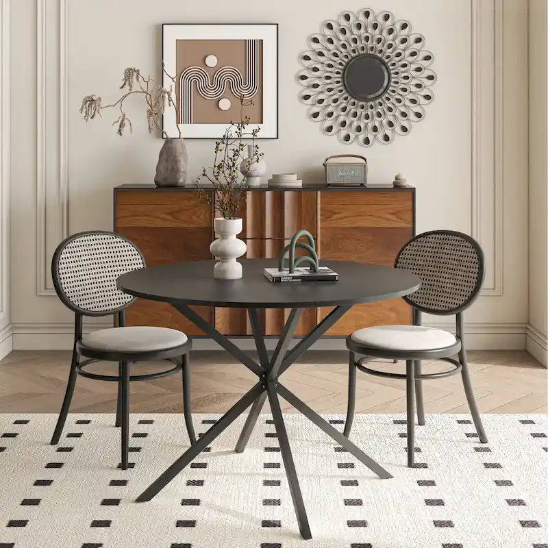Table à manger ronde moderne à pieds croisés, plateau amovible en deux parties