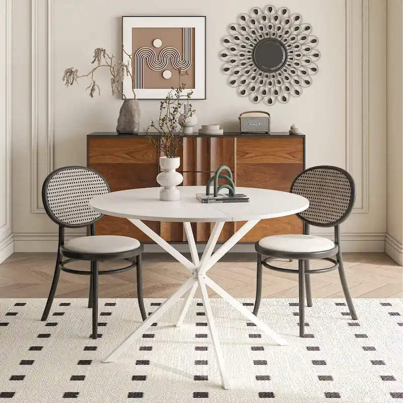 Table à manger ronde moderne à pieds croisés, plateau amovible en deux parties