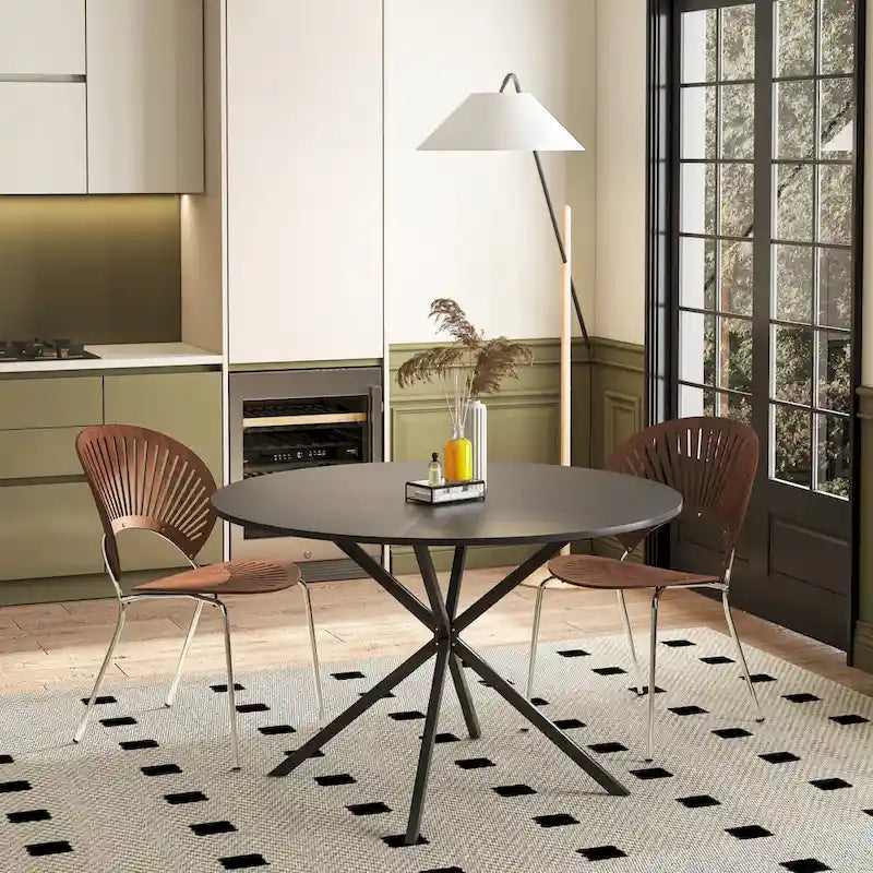 Table à manger ronde moderne à pieds croisés, plateau amovible en deux parties