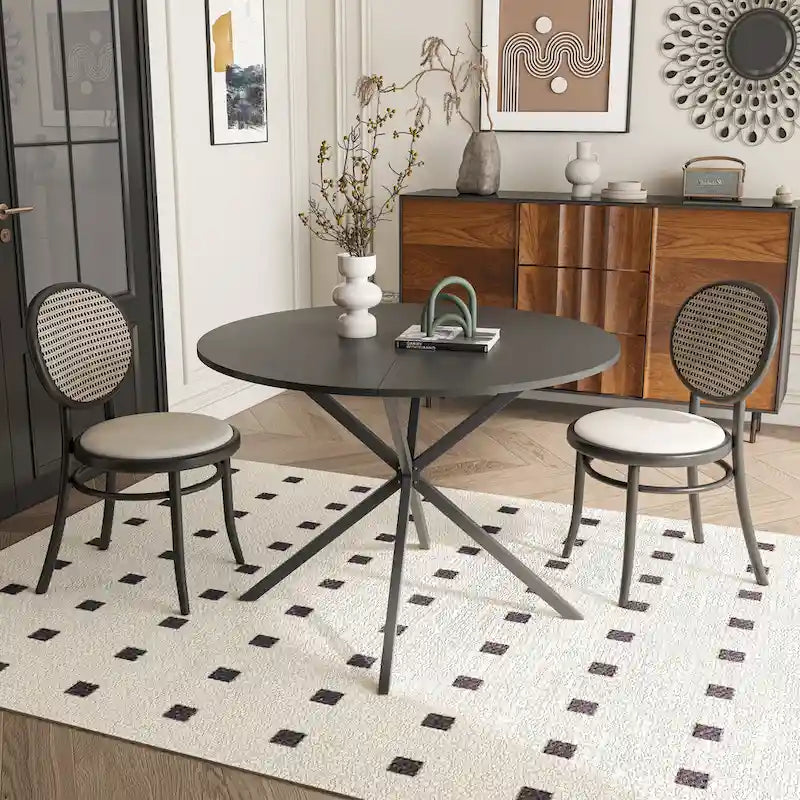 Table à manger ronde moderne à pieds croisés, plateau amovible en deux parties