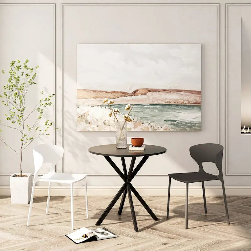 Table à manger ronde moderne à pieds croisés, plateau amovible en deux parties