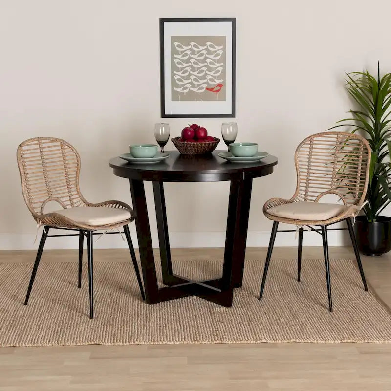 Lot de 2 chaises de salle à manger Brenna en rotin et métal de style bohème moderne