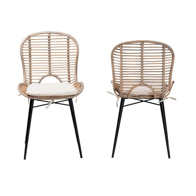 Lot de 2 chaises de salle à manger Brenna en rotin et métal de style bohème moderne