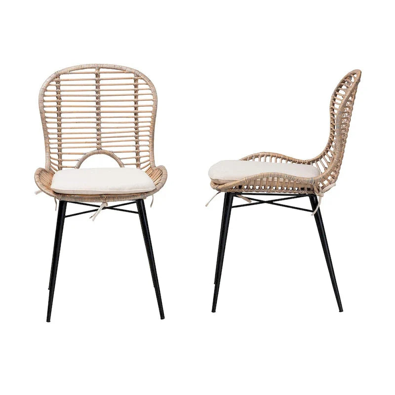 Lot de 2 chaises de salle à manger Brenna en rotin et métal de style bohème moderne