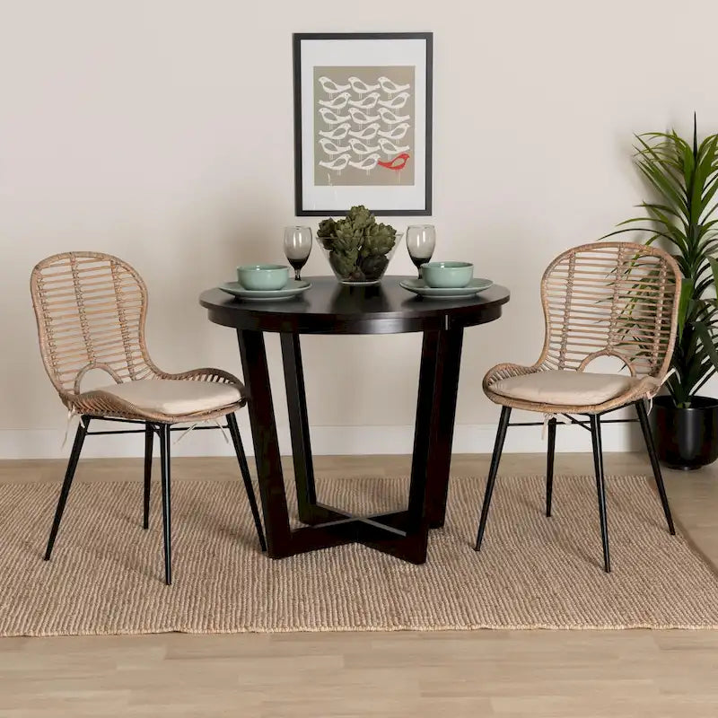 Lot de 2 chaises de salle à manger Brenna en rotin et métal de style bohème moderne