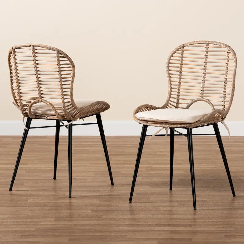 Lot de 2 chaises de salle à manger Brenna en rotin et métal de style bohème moderne