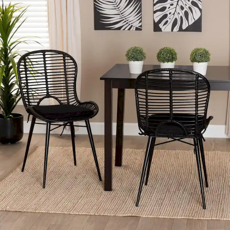 Lot de 2 chaises de salle à manger Brenna en rotin et métal de style bohème moderne