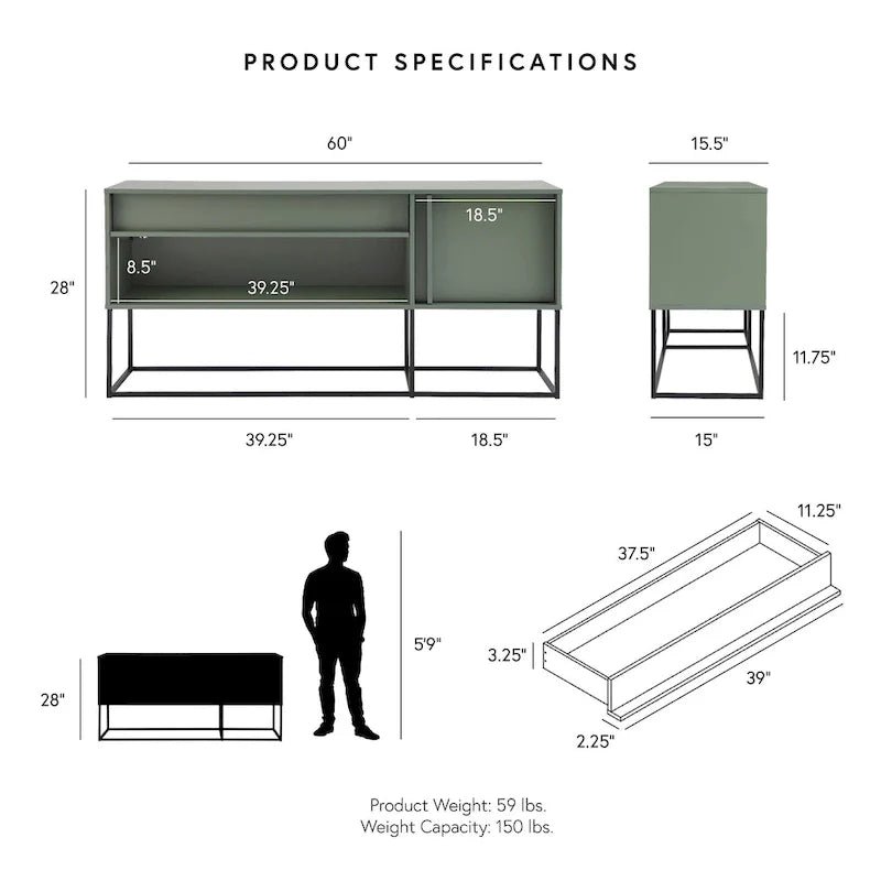 Meuble TV DH BASIC moderne 60 pouces à LED 16 couleurs avec un tiroir et pieds métalliques par Denhour