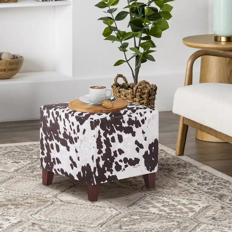 Adeco ottomane cube imprime vache style britannique, banc de maison, repose-pieds chic