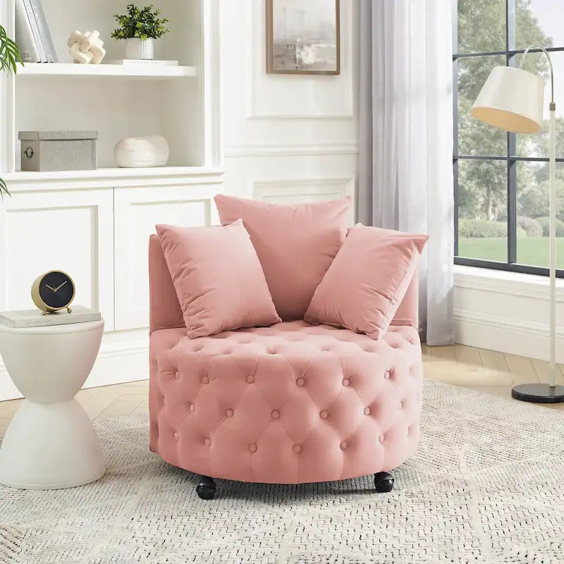 Fauteuil pivotant en velours pour salon avec boutons touffetés, 3 coussins et roulettes mobiles