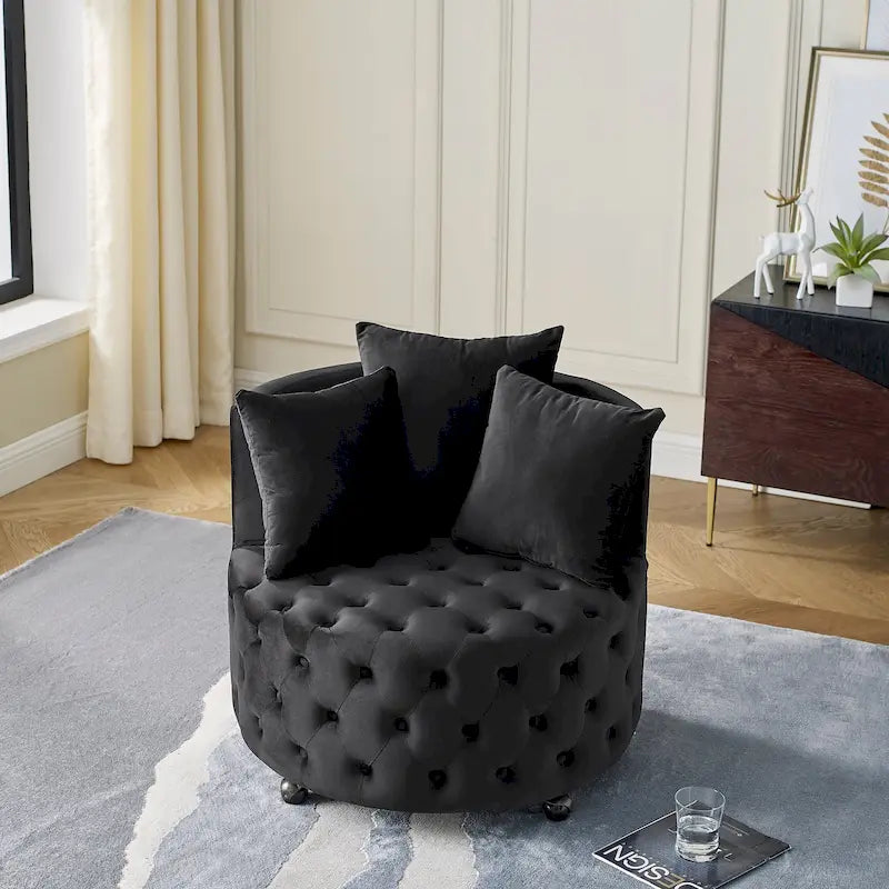 Fauteuil pivotant en velours pour salon avec boutons touffetés, 3 coussins et roulettes mobiles