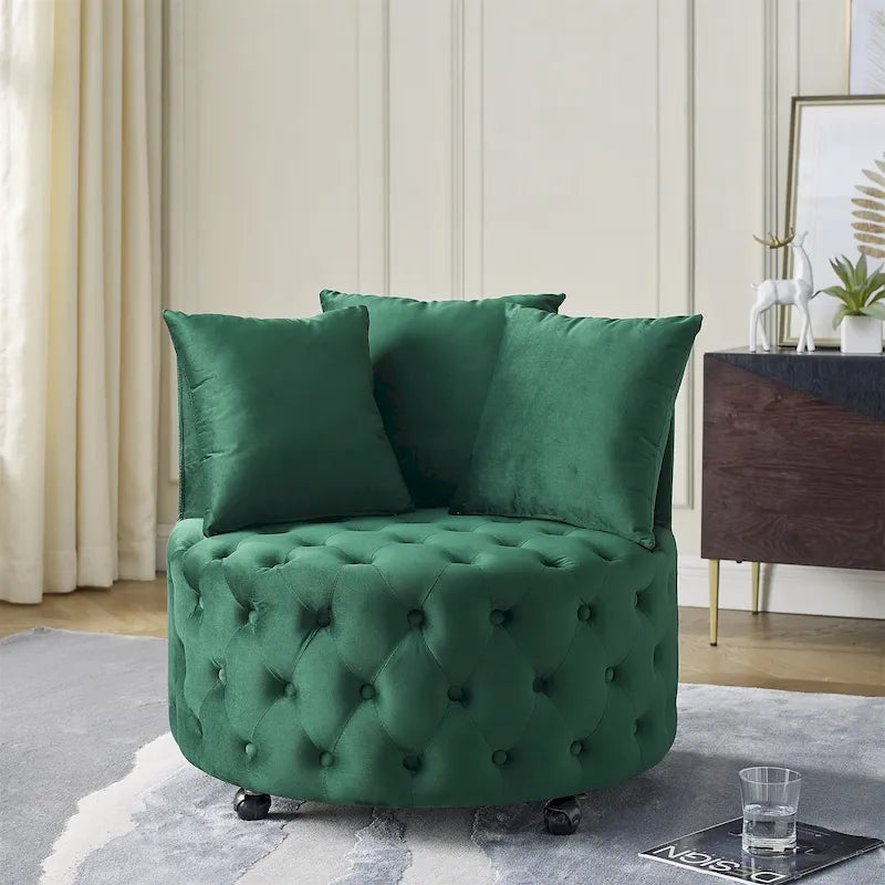Fauteuil pivotant en velours pour salon avec boutons touffetés, 3 coussins et roulettes mobiles
