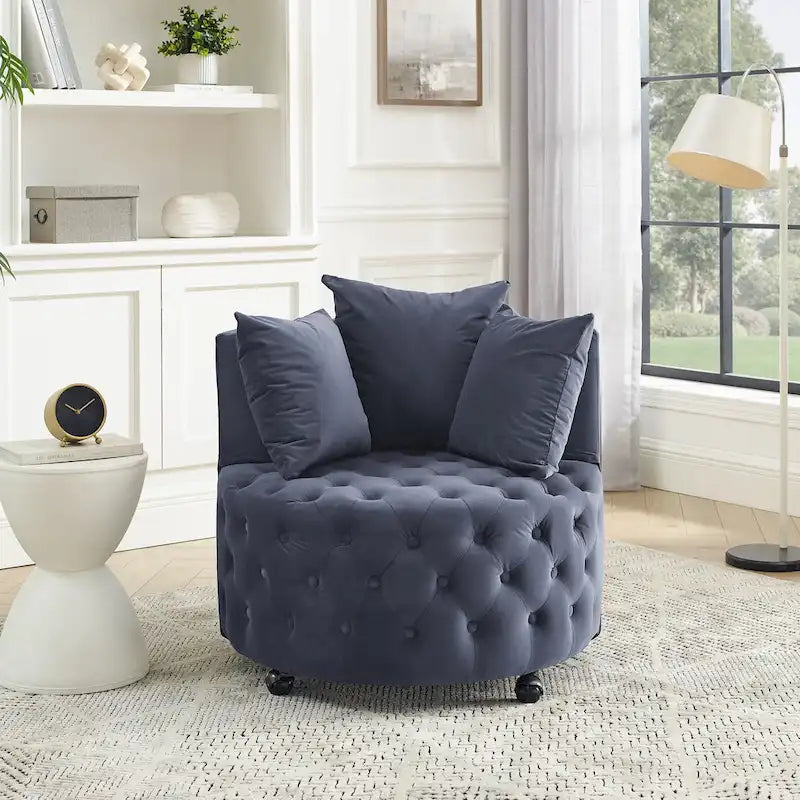 Fauteuil pivotant en velours pour salon avec boutons touffetés, 3 coussins et roulettes mobiles