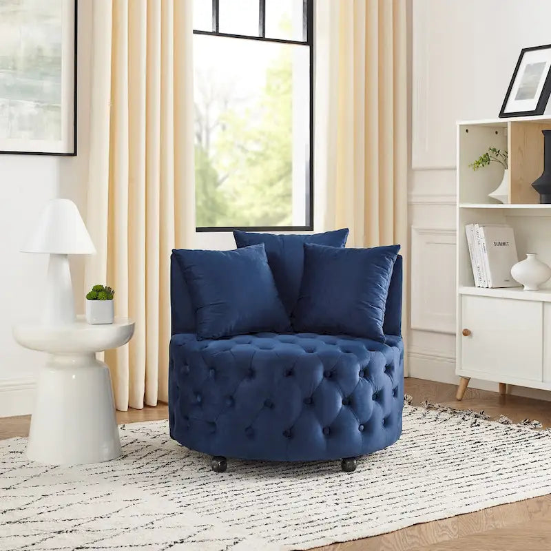 Fauteuil pivotant en velours pour salon avec boutons touffetés, 3 coussins et roulettes mobiles