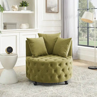 Fauteuil pivotant en velours pour salon avec boutons touffetés, 3 coussins et roulettes mobiles