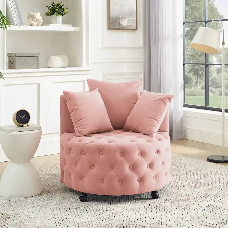 Fauteuil pivotant en velours pour salon avec boutons touffetés, 3 coussins et roulettes mobiles