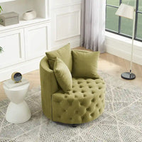 Fauteuil pivotant en velours pour salon avec boutons touffetés, 3 coussins et roulettes mobiles