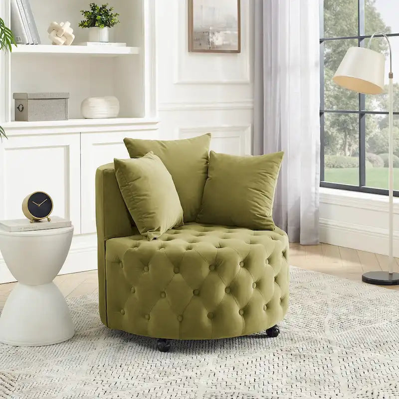 Fauteuil pivotant en velours pour salon avec boutons touffetés, 3 coussins et roulettes mobiles