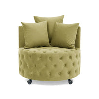 Fauteuil pivotant en velours pour salon avec boutons touffetés, 3 coussins et roulettes mobiles