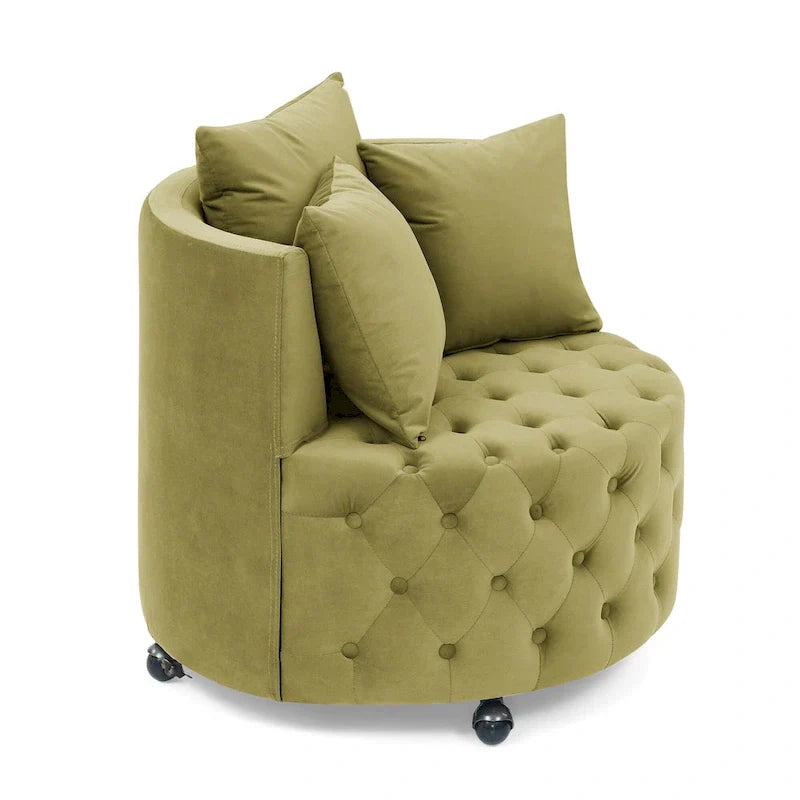 Fauteuil pivotant en velours pour salon avec boutons touffetés, 3 coussins et roulettes mobiles