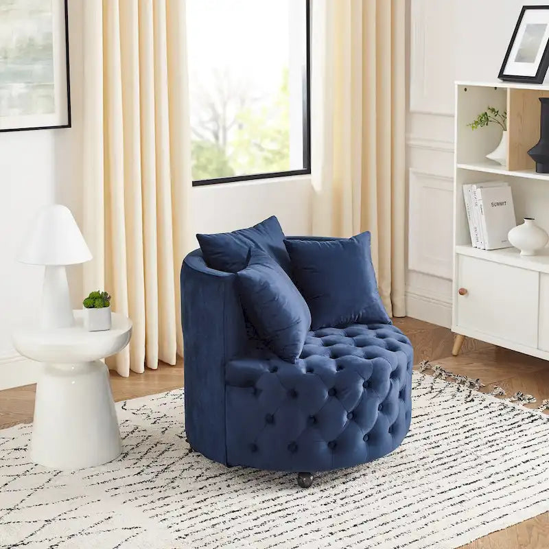 Fauteuil pivotant en velours pour salon avec boutons touffetés, 3 coussins et roulettes mobiles