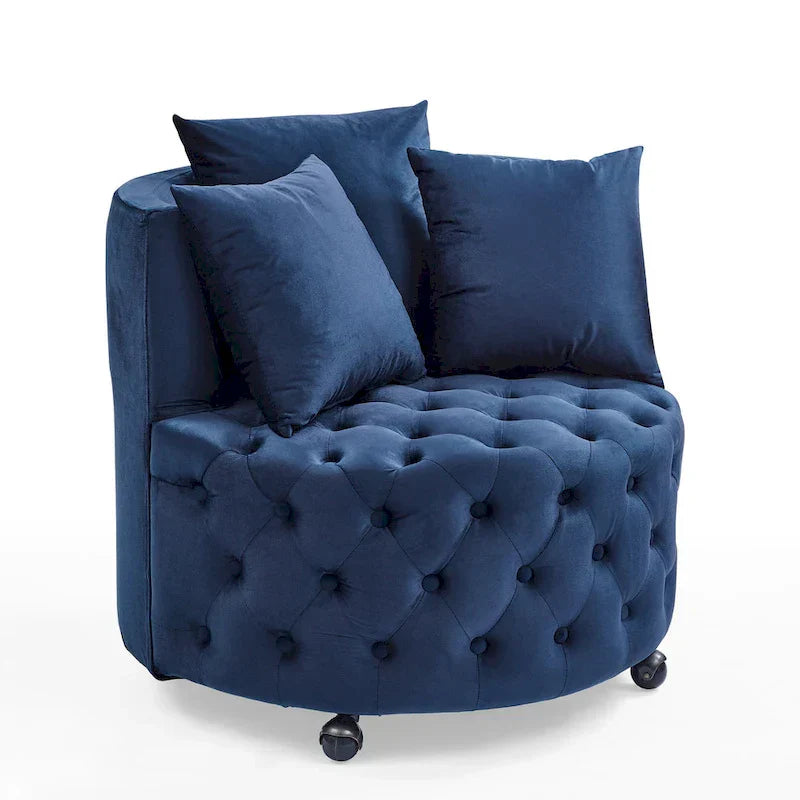 Fauteuil pivotant en velours pour salon avec boutons touffetés, 3 coussins et roulettes mobiles