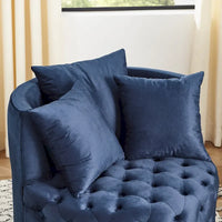 Fauteuil pivotant en velours pour salon avec boutons touffetés, 3 coussins et roulettes mobiles