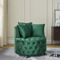 Fauteuil pivotant en velours pour salon avec boutons touffetés, 3 coussins et roulettes mobiles
