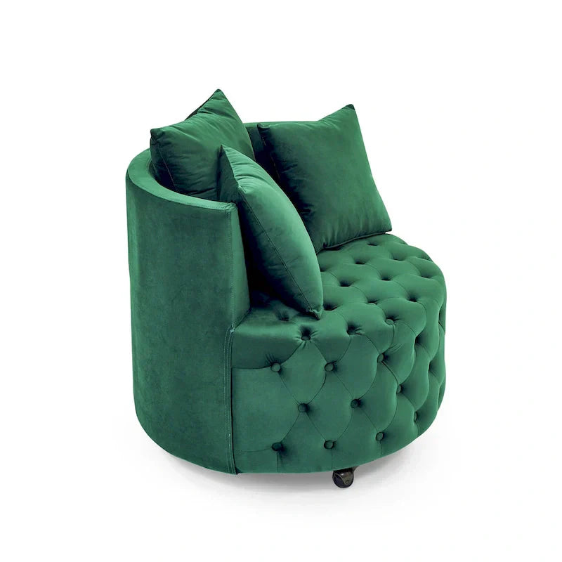 Fauteuil pivotant en velours pour salon avec boutons touffetés, 3 coussins et roulettes mobiles