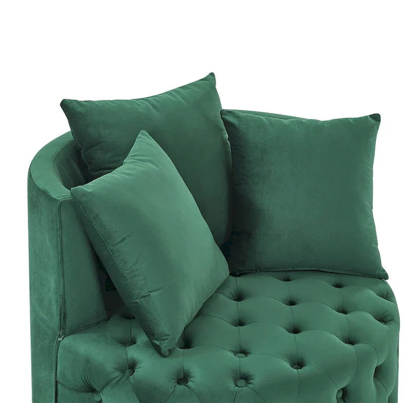 Fauteuil pivotant en velours pour salon avec boutons touffetés, 3 coussins et roulettes mobiles