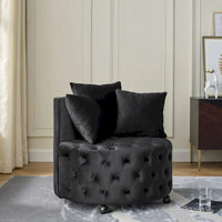 Fauteuil pivotant en velours pour salon avec boutons touffetés, 3 coussins et roulettes mobiles