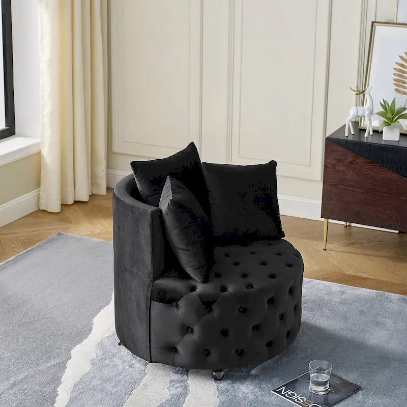 Fauteuil pivotant en velours pour salon avec boutons touffetés, 3 coussins et roulettes mobiles