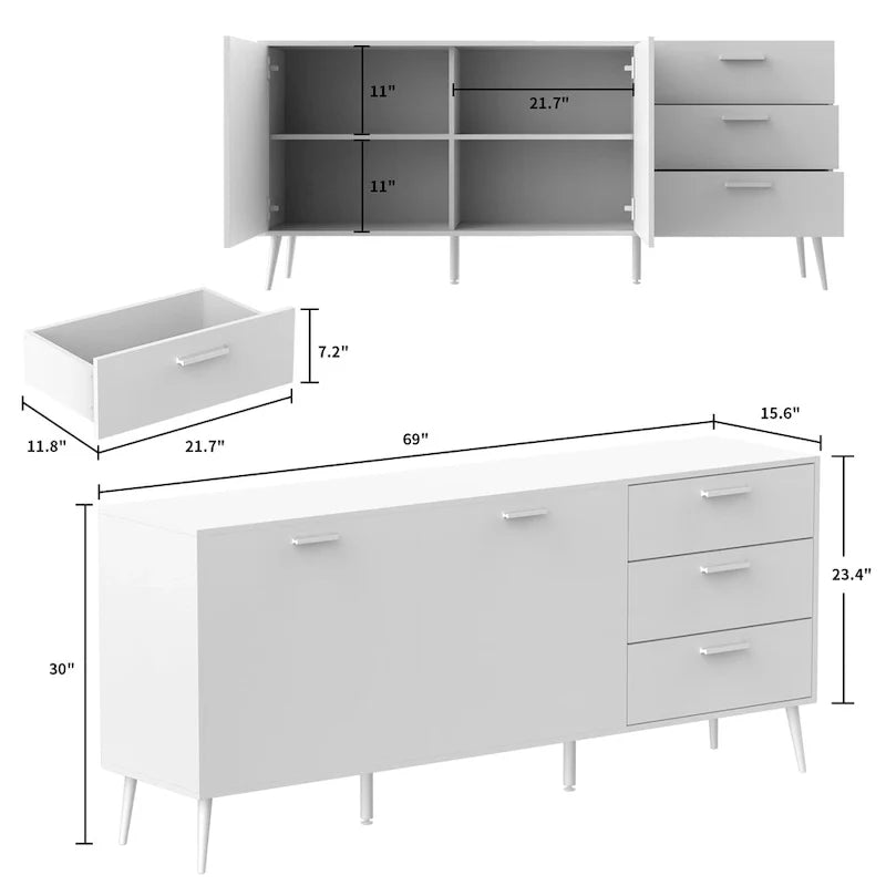 Meuble buffet avec 3 tiroirs et 2 portes, expresso/blanc