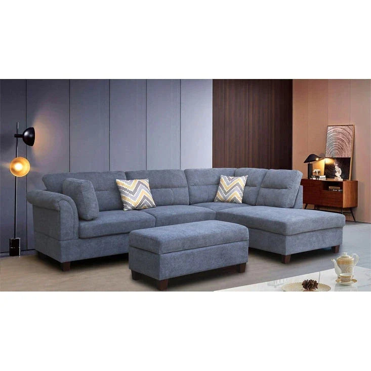 Canapé Sectionnel en Tissu Diego 103.5 pouces avec Méridienne Droite, Pouf de Rangement et 2 Coussins Décoratifs