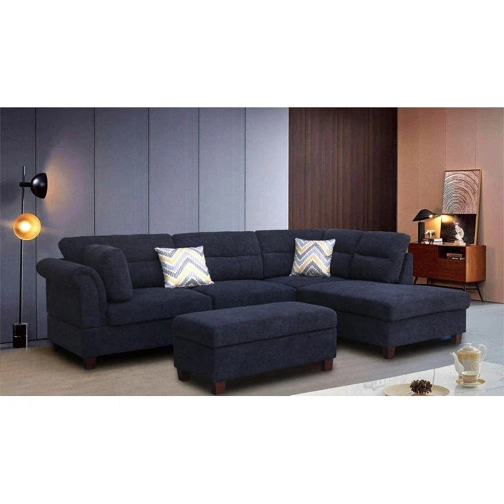 Canapé Sectionnel en Tissu Diego 103.5 pouces avec Méridienne Droite, Pouf de Rangement et 2 Coussins Décoratifs