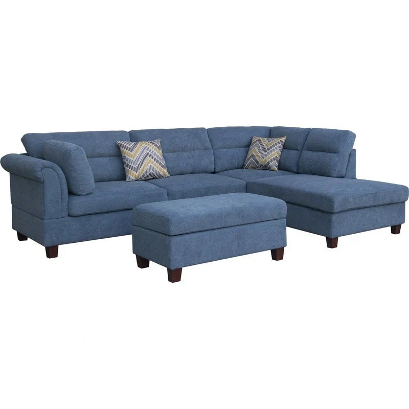 Canapé Sectionnel en Tissu Diego 103.5 pouces avec Méridienne Droite, Pouf de Rangement et 2 Coussins Décoratifs