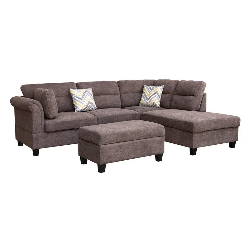 Canapé Sectionnel en Tissu Diego 103.5 pouces avec Méridienne Droite, Pouf de Rangement et 2 Coussins Décoratifs