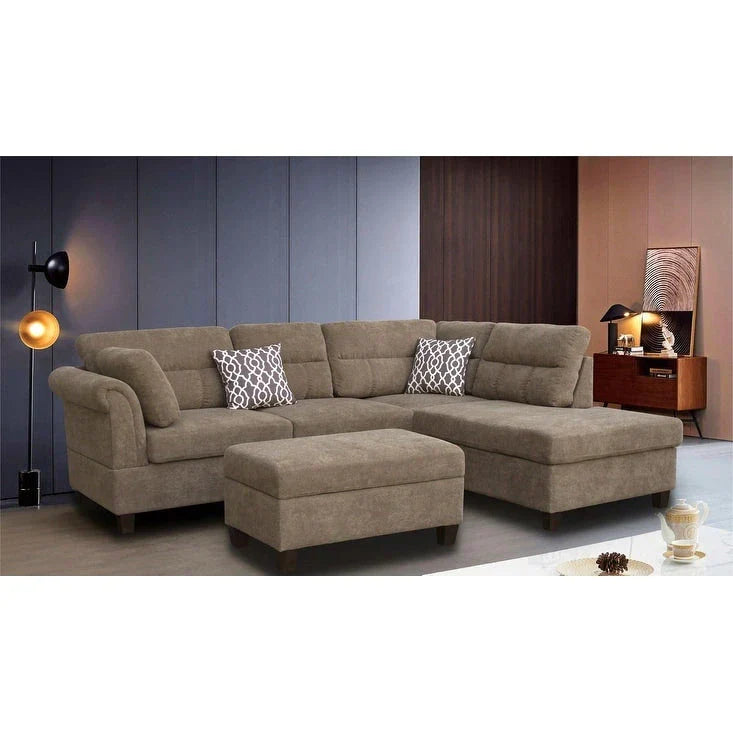Canapé Sectionnel en Tissu Diego 103.5 pouces avec Méridienne Droite, Pouf de Rangement et 2 Coussins Décoratifs