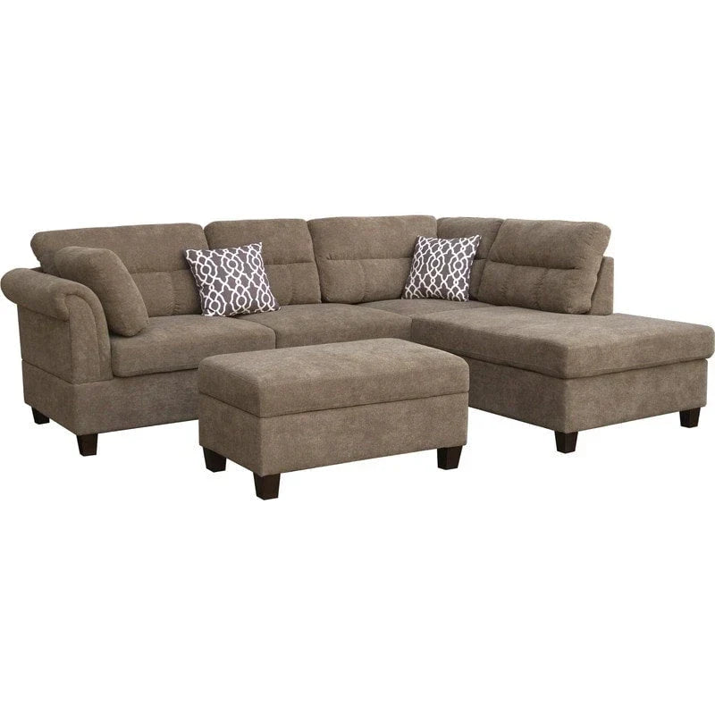 Canapé Sectionnel en Tissu Diego 103.5 pouces avec Méridienne Droite, Pouf de Rangement et 2 Coussins Décoratifs