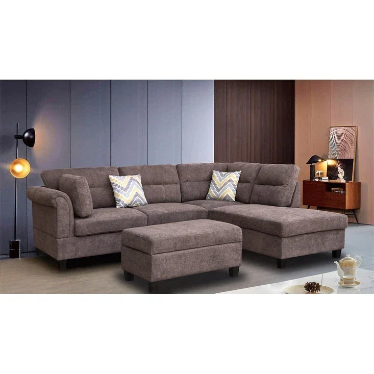 Canapé Sectionnel en Tissu Diego 103.5 pouces avec Méridienne Droite, Pouf de Rangement et 2 Coussins Décoratifs