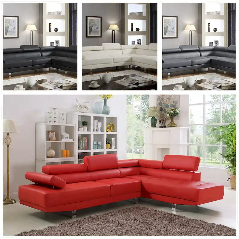 Ensemble Canapé Sectionnel de Salon GTU Furniture Forme L en Similicuir avec Méridienne Droite