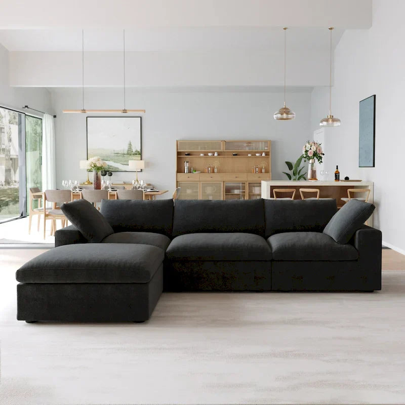 Canapé Sectionnel Noir Commix Garni de Plumes Surdimensionné avec Pouf