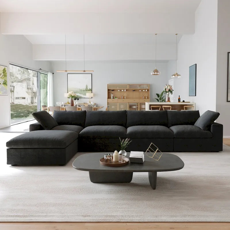 Canapé Sectionnel Noir Commix Garni de Plumes Surdimensionné avec Pouf