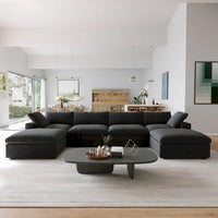Canapé Sectionnel Noir Commix Garni de Plumes Surdimensionné avec Pouf