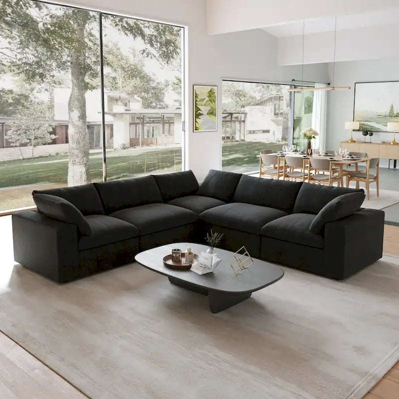 Canapé Sectionnel Noir Commix Garni de Plumes Surdimensionné avec Pouf
