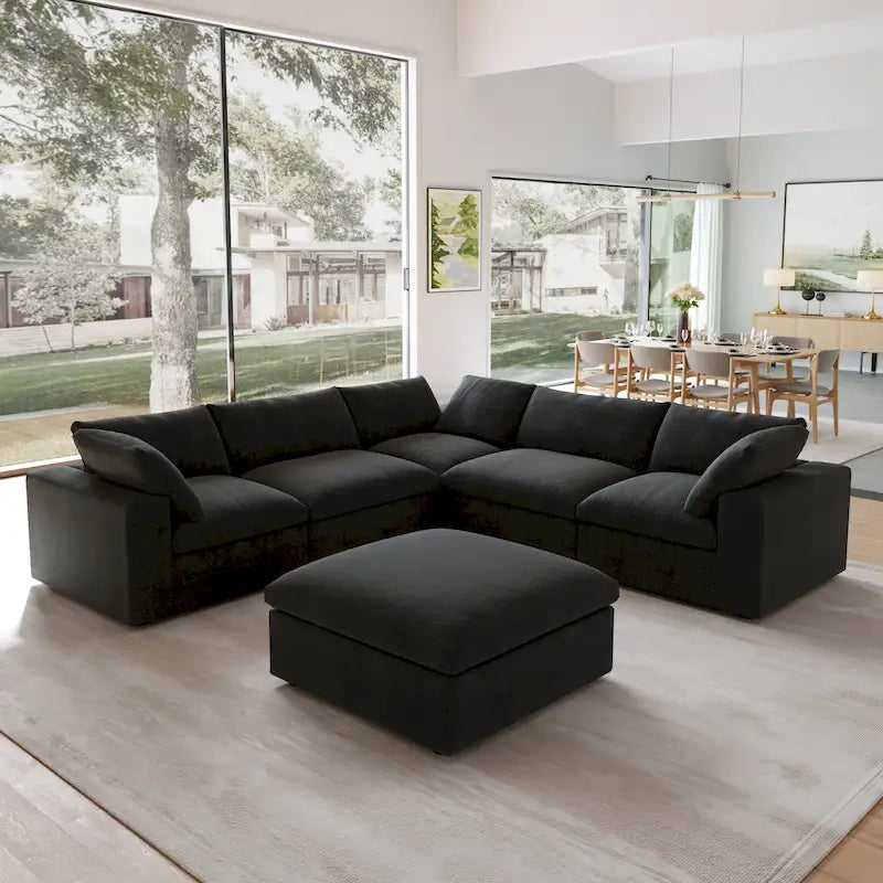 Canapé Sectionnel Noir Commix Garni de Plumes Surdimensionné avec Pouf