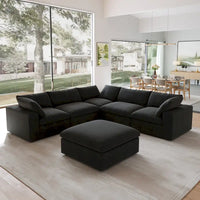 Canapé Sectionnel Noir Commix Garni de Plumes Surdimensionné avec Pouf