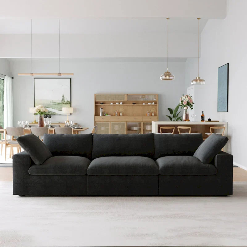 Canapé Sectionnel Noir Commix Garni de Plumes Surdimensionné avec Pouf